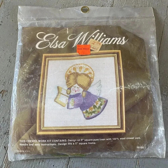 VTG Elsa Williams Violet Angel Crewel Embroidery Kit Picture Panel Wool 5” Squar - Picture 1 of 3